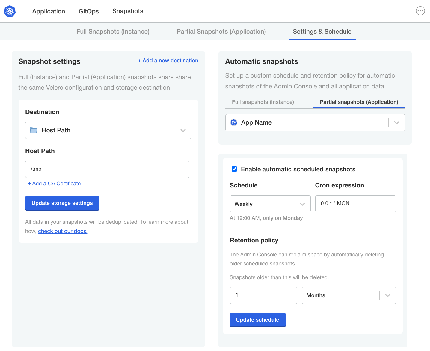 Snapshot Settings and Schedule page